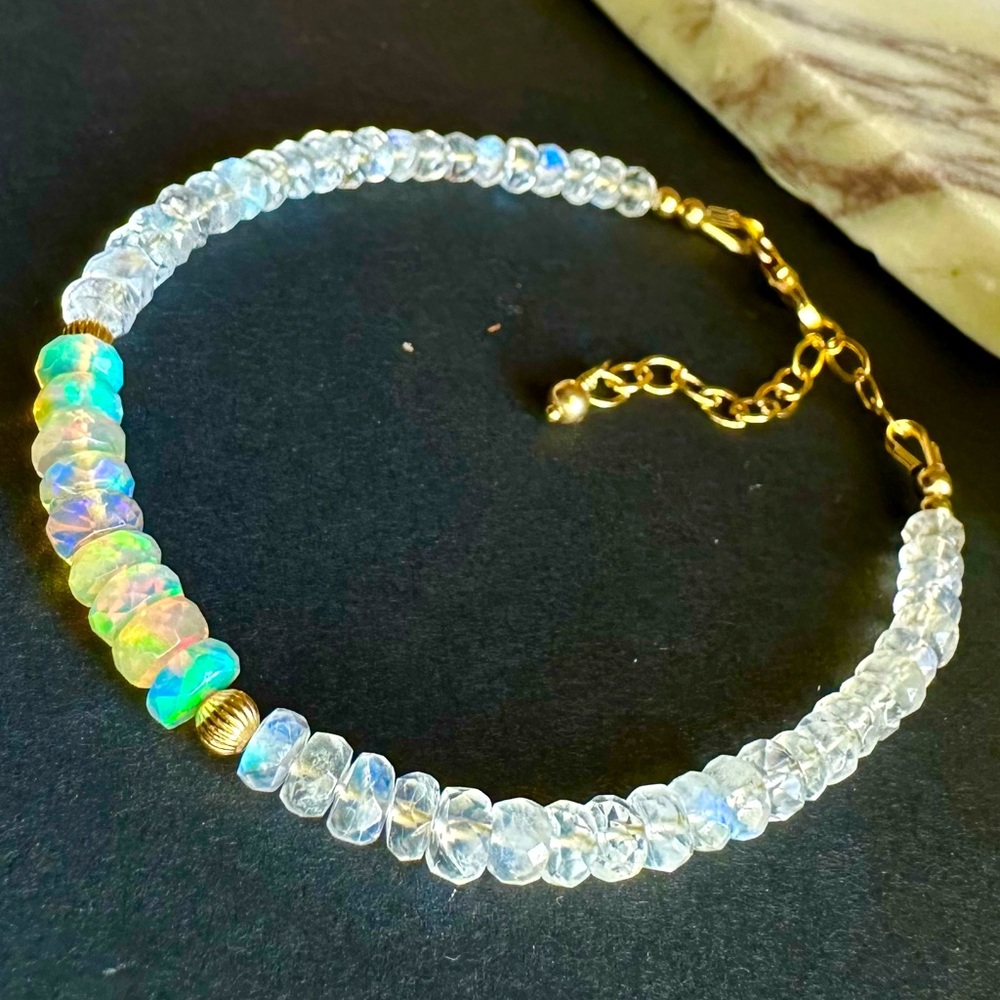 Moonstone and Australian Opal Beaded Bracelet 14k gold adjustable stack bracelet